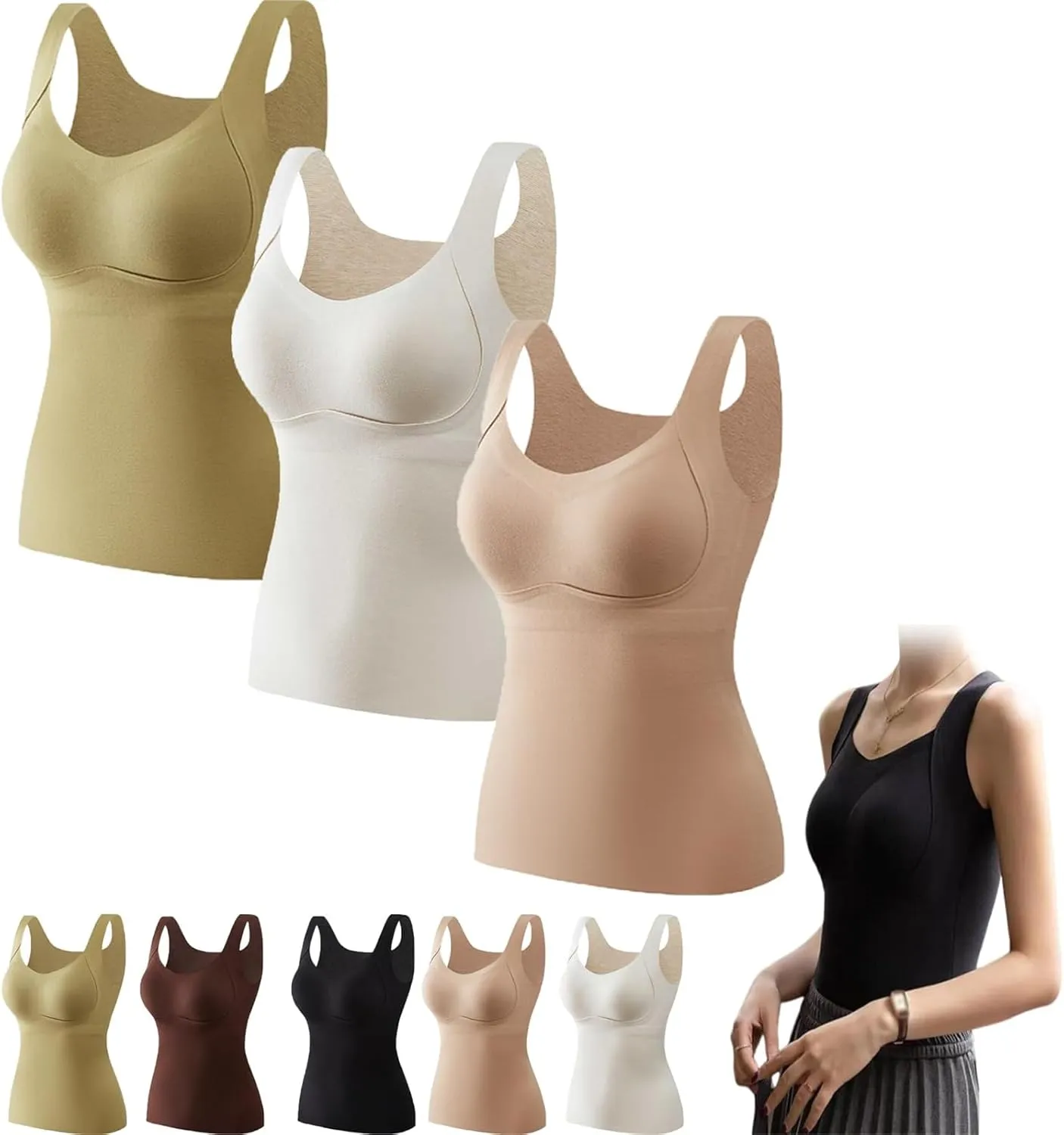 Thickened Warm Tank Top with Shelf Bra, 2024 Fall Winter Stretch Sleeveless Vest Casual Camisole Base Layer