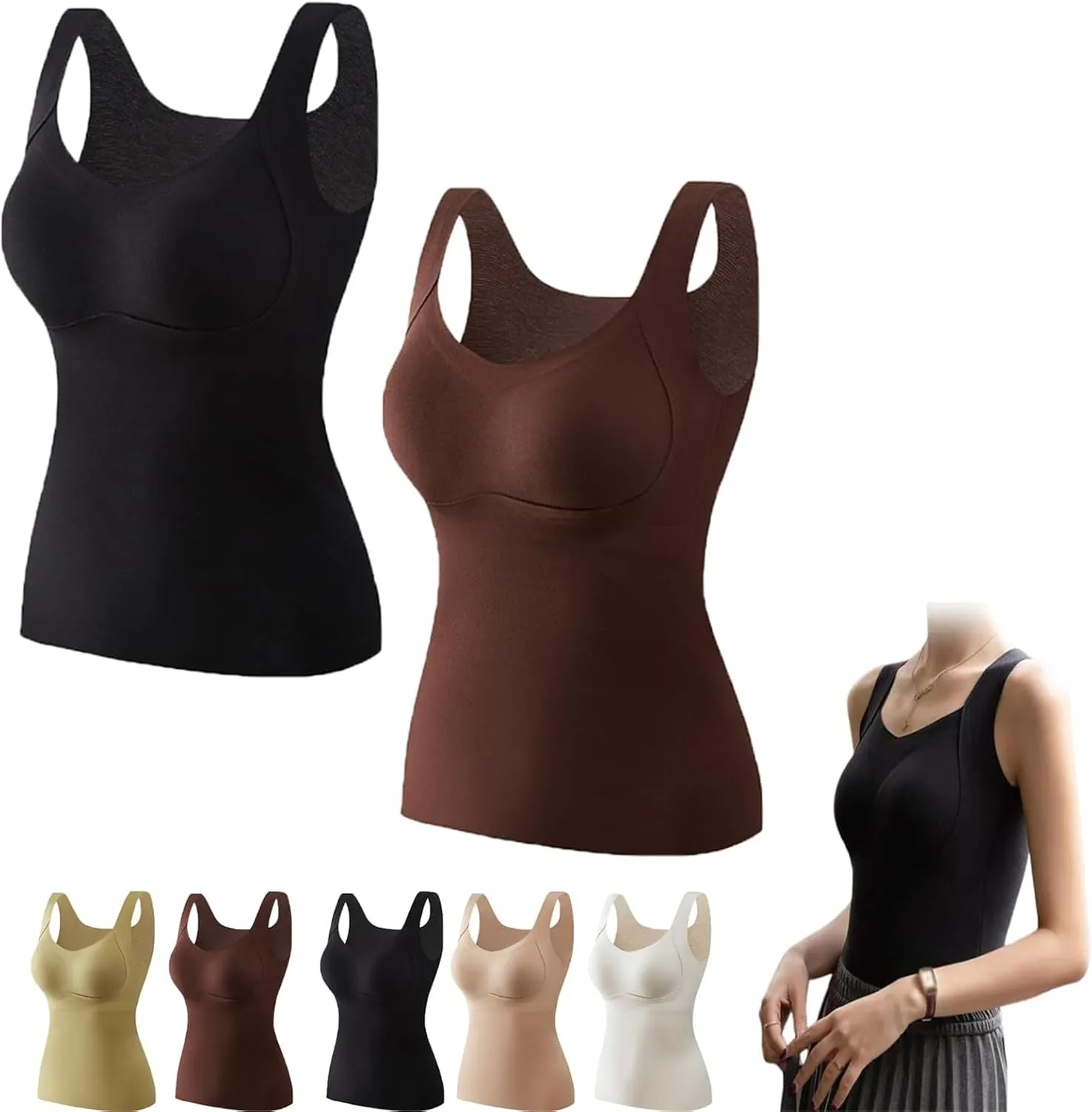Thickened Warm Tank Top with Shelf Bra, 2024 Fall Winter Stretch Sleeveless Vest Casual Camisole Base Layer