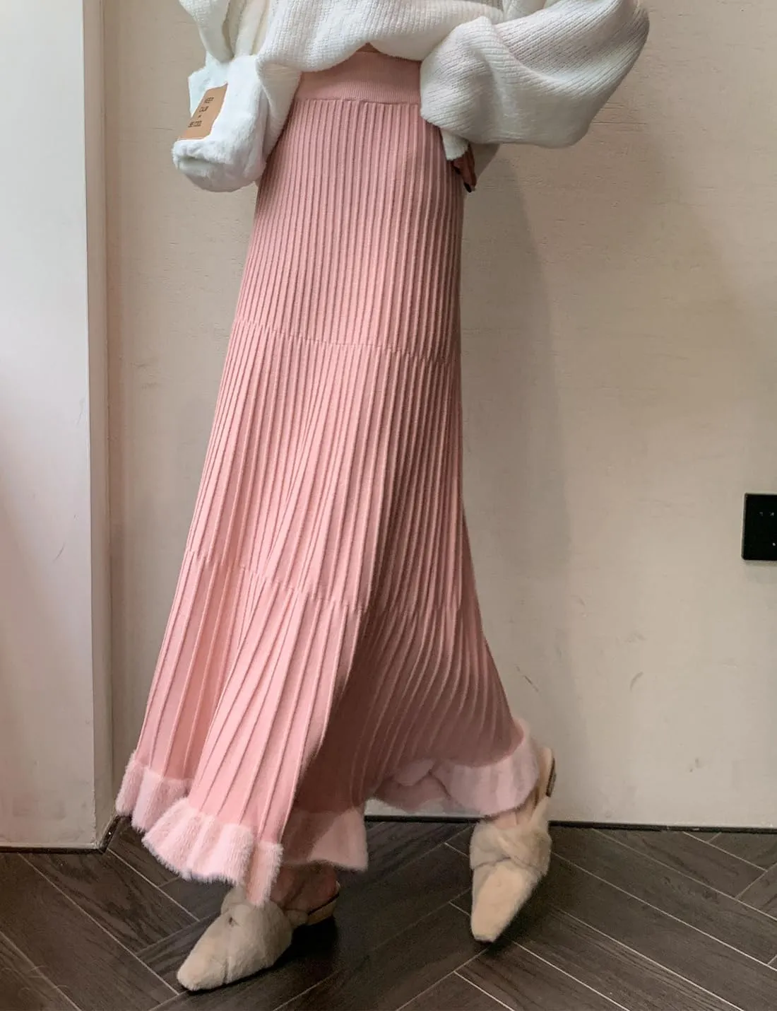 Tikwek Women's Knitted Half Skirt Casual High Waist Slim Midi Skirt Ruffle A-line Pleated Skirt