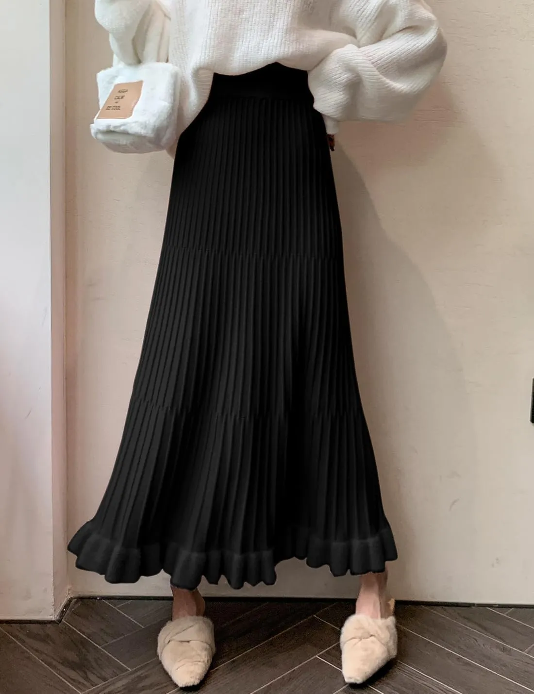 Tikwek Women's Knitted Half Skirt Casual High Waist Slim Midi Skirt Ruffle A-line Pleated Skirt