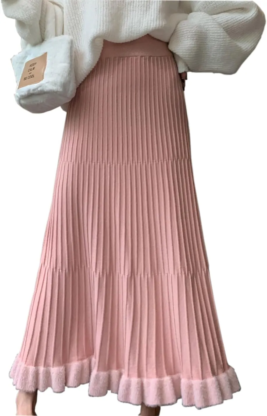 Tikwek Women's Knitted Half Skirt Casual High Waist Slim Midi Skirt Ruffle A-line Pleated Skirt