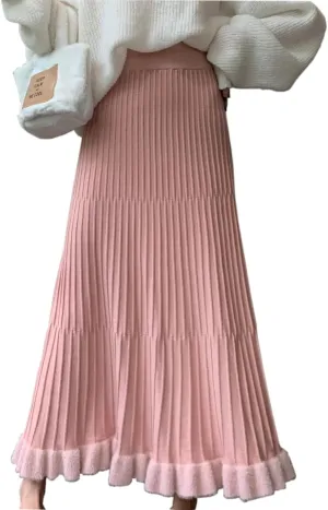 Tikwek Women's Knitted Half Skirt Casual High Waist Slim Midi Skirt Ruffle A-line Pleated Skirt