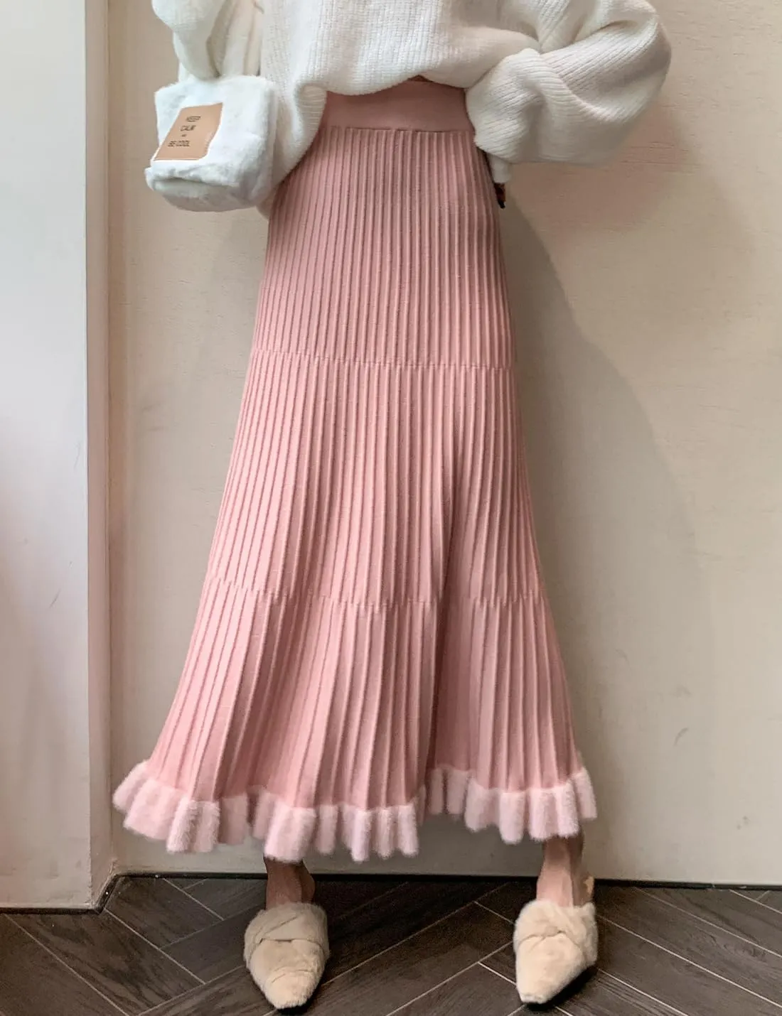Tikwek Women's Knitted Half Skirt Casual High Waist Slim Midi Skirt Ruffle A-line Pleated Skirt