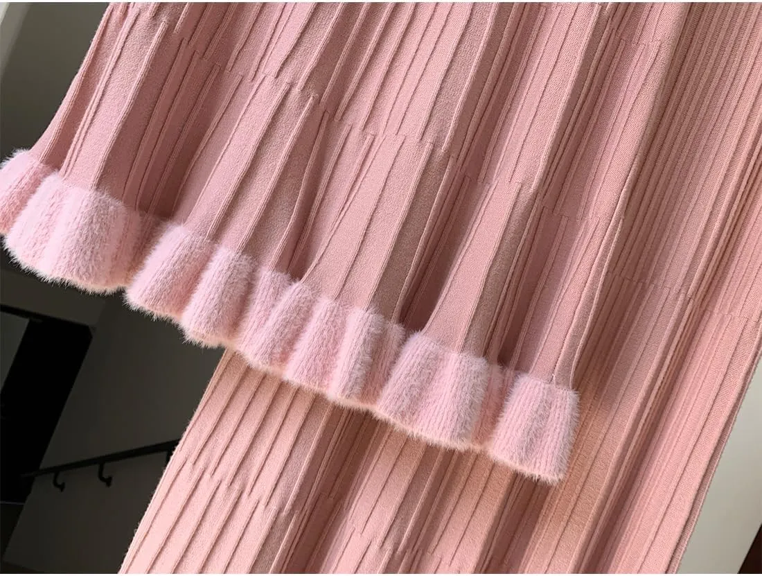 Tikwek Women's Knitted Half Skirt Casual High Waist Slim Midi Skirt Ruffle A-line Pleated Skirt
