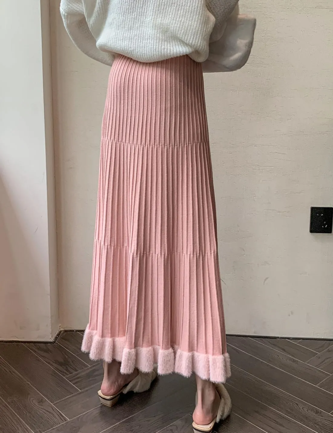 Tikwek Women's Knitted Half Skirt Casual High Waist Slim Midi Skirt Ruffle A-line Pleated Skirt