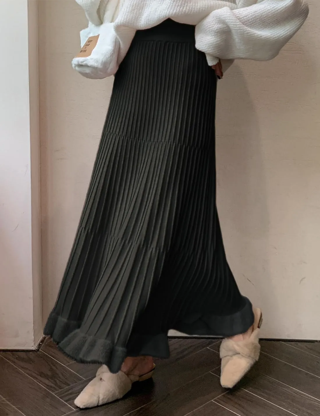 Tikwek Women's Knitted Half Skirt Casual High Waist Slim Midi Skirt Ruffle A-line Pleated Skirt