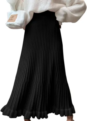 Tikwek Women's Knitted Half Skirt Casual High Waist Slim Midi Skirt Ruffle A-line Pleated Skirt