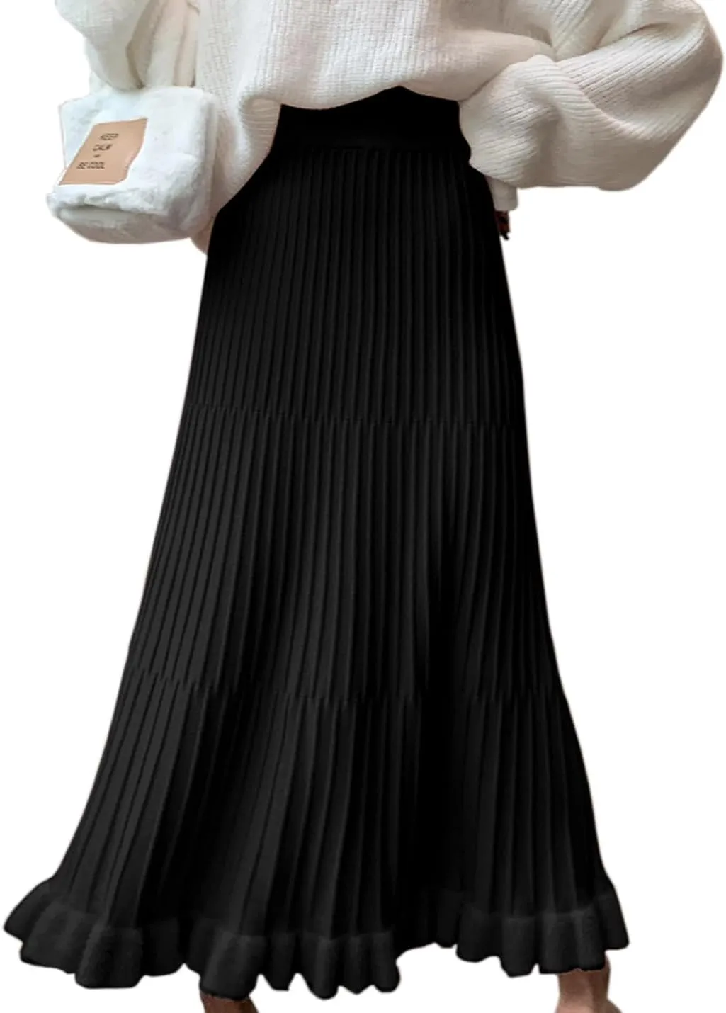 Tikwek Women's Knitted Half Skirt Casual High Waist Slim Midi Skirt Ruffle A-line Pleated Skirt