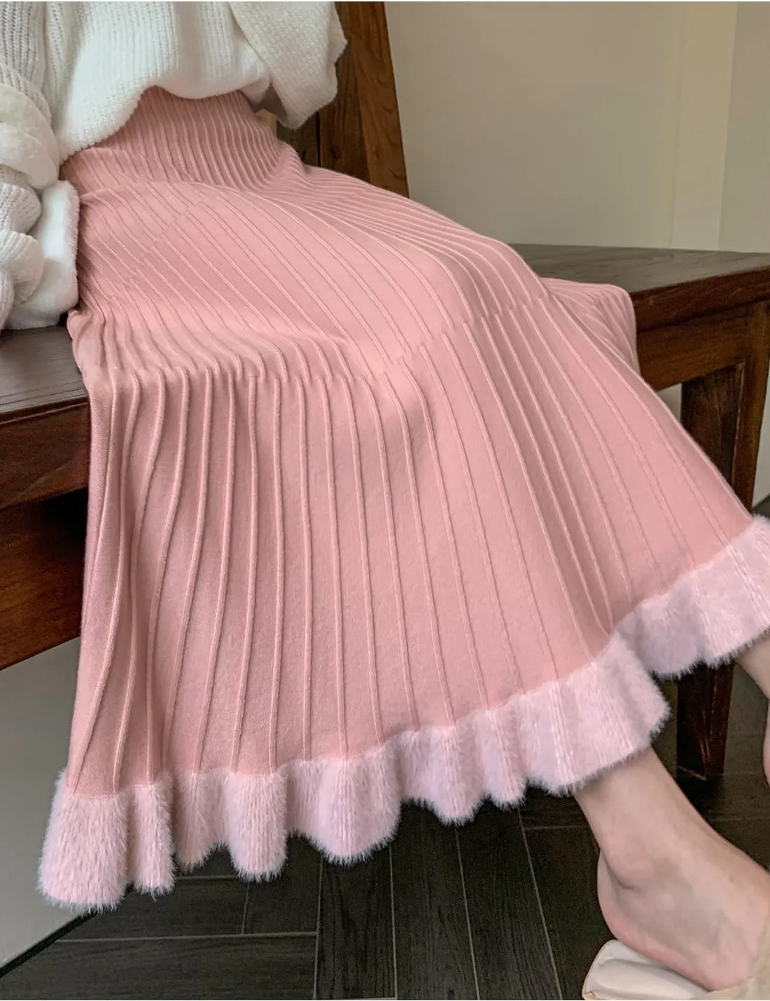 Tikwek Women's Knitted Half Skirt Casual High Waist Slim Midi Skirt Ruffle A-line Pleated Skirt