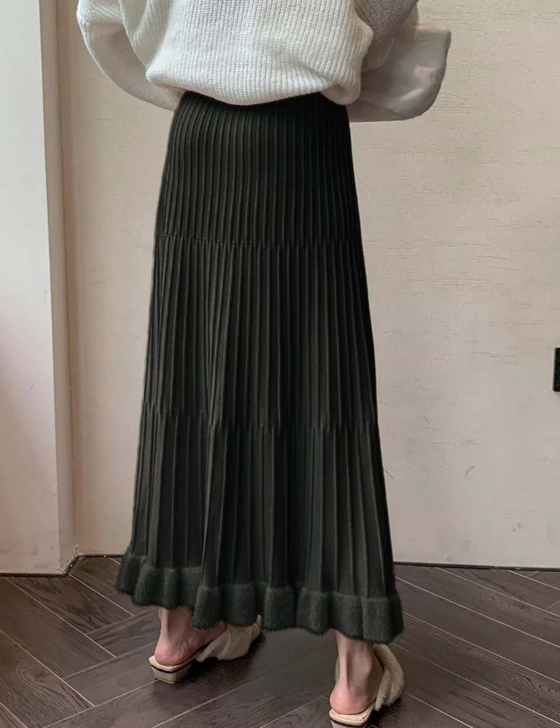Tikwek Women's Knitted Half Skirt Casual High Waist Slim Midi Skirt Ruffle A-line Pleated Skirt
