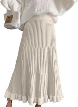 Tikwek Women's Knitted Half Skirt Casual High Waist Slim Midi Skirt Ruffle A-line Pleated Skirt(Apricot S)