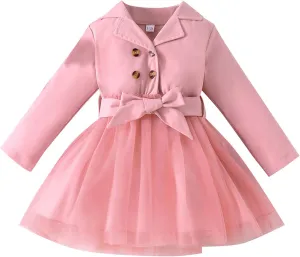 Toddler Baby Girl Double Breasted Belted Trench Jacket Coat Dress Long Sleeve Kids Windbreaker Outerwear