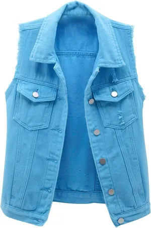 tuduoms Women's Fashion Sleeveless Denim Jacket Casual Lightweight Cropped Jean Jackets Vest Ripped Frayed Denim Waistcoat