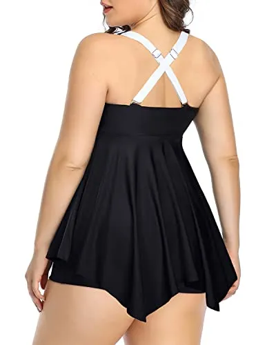 Tummy Control Plus Size Bathing Suits For Women With Shorts-Black And White Stripe