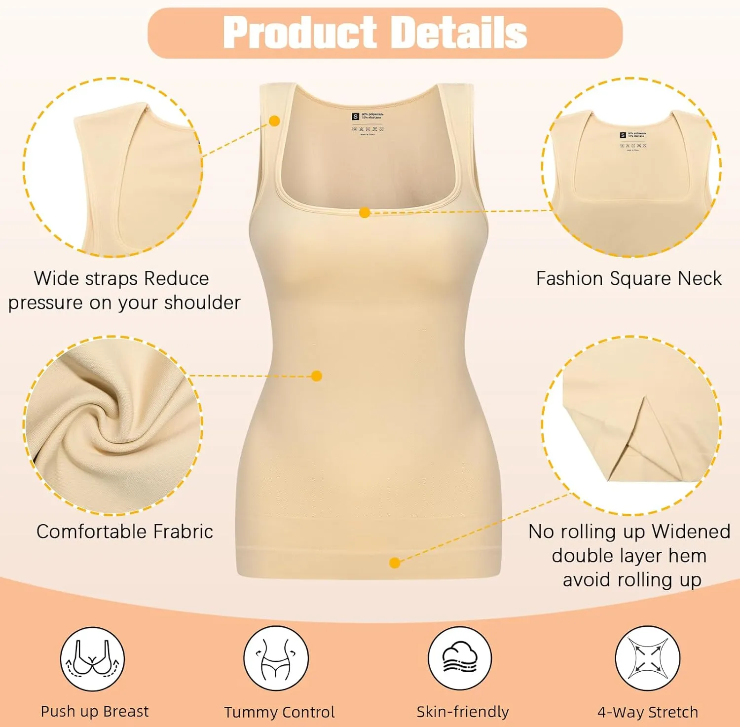 Tummy Control Shapewear Compression Tank Tops for Women Seamless Square Neck Body Shaper Camisole