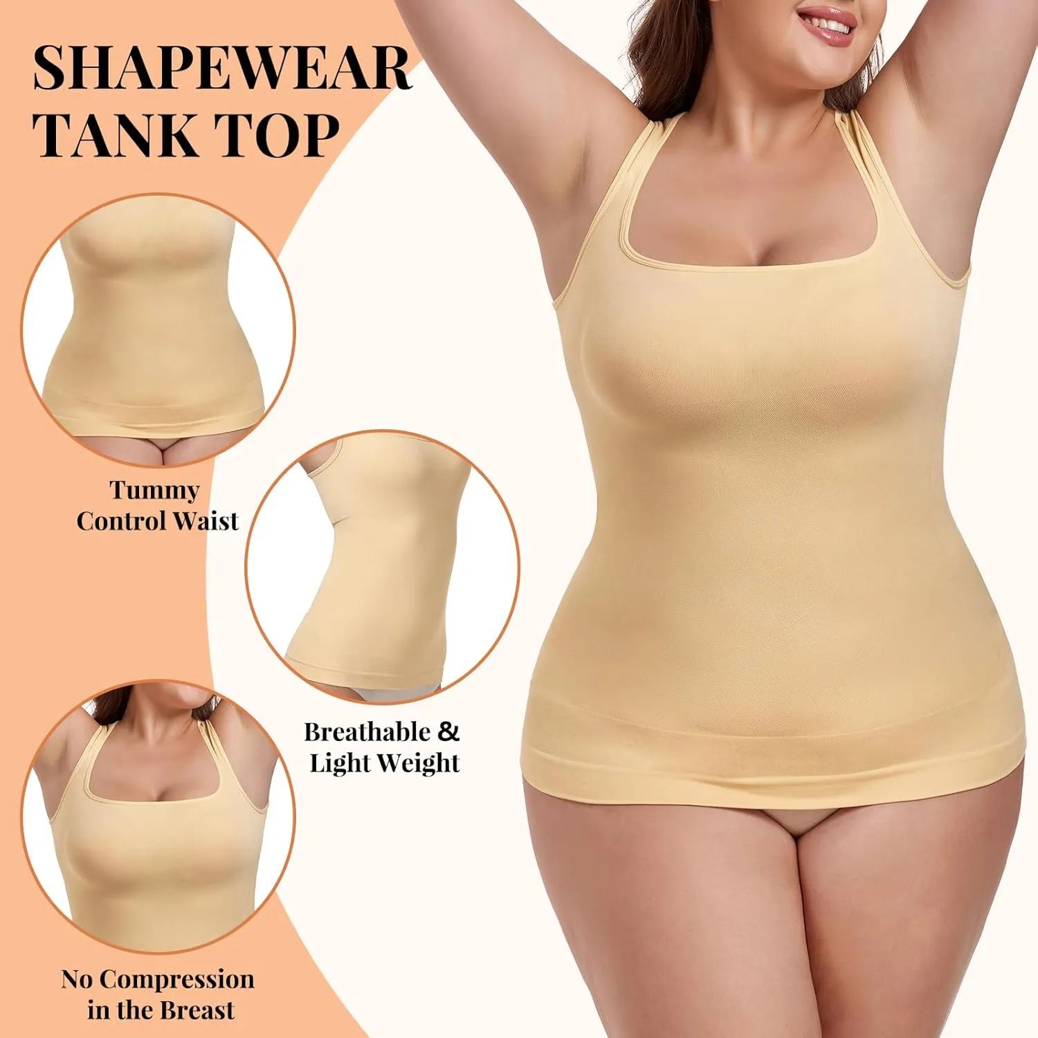 Tummy Control Shapewear Compression Tank Tops for Women Seamless Square Neck Body Shaper Camisole
