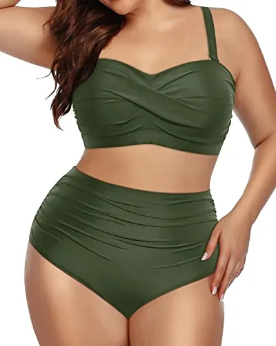 Twist-Front Plus Size High Waist Bikini Two Piece Bathing Suits For Women-Army Green