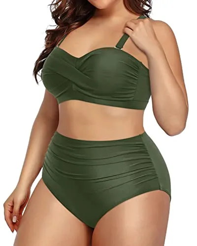 Twist-Front Plus Size High Waist Bikini Two Piece Bathing Suits For Women-Army Green