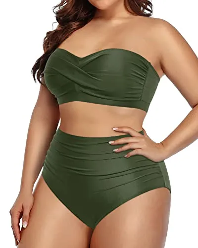 Twist-Front Plus Size High Waist Bikini Two Piece Bathing Suits For Women-Army Green