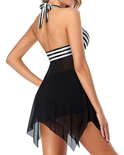 Two Piece Halter V Neck Mesh Swim Dress With Boyshorts-Black And White Stripe