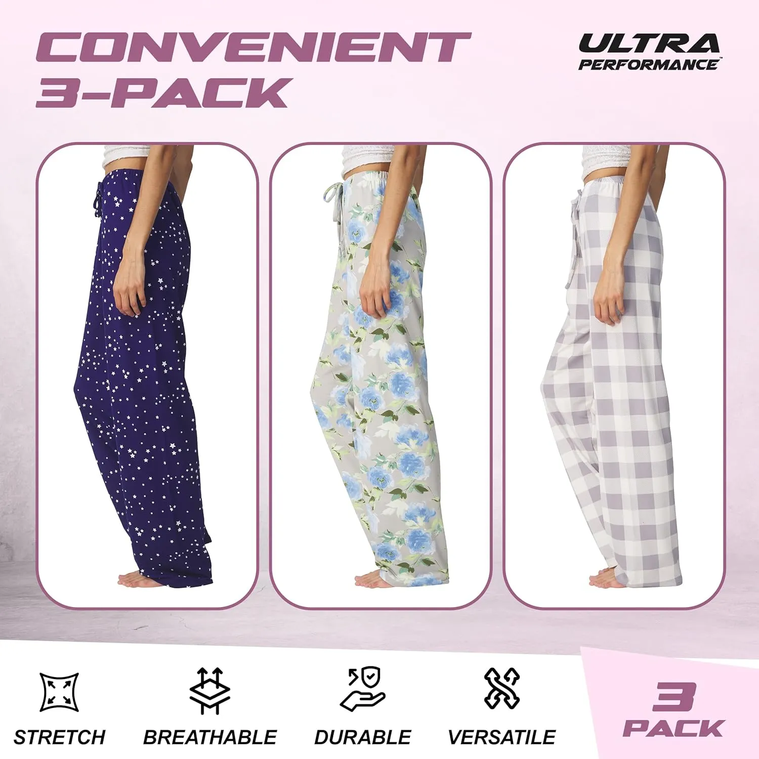 Ultra Performance Womens Pajama PJ Pants 3 Pack Lounge Bottoms Pajamas for Women (Avail in Plus Sizes)