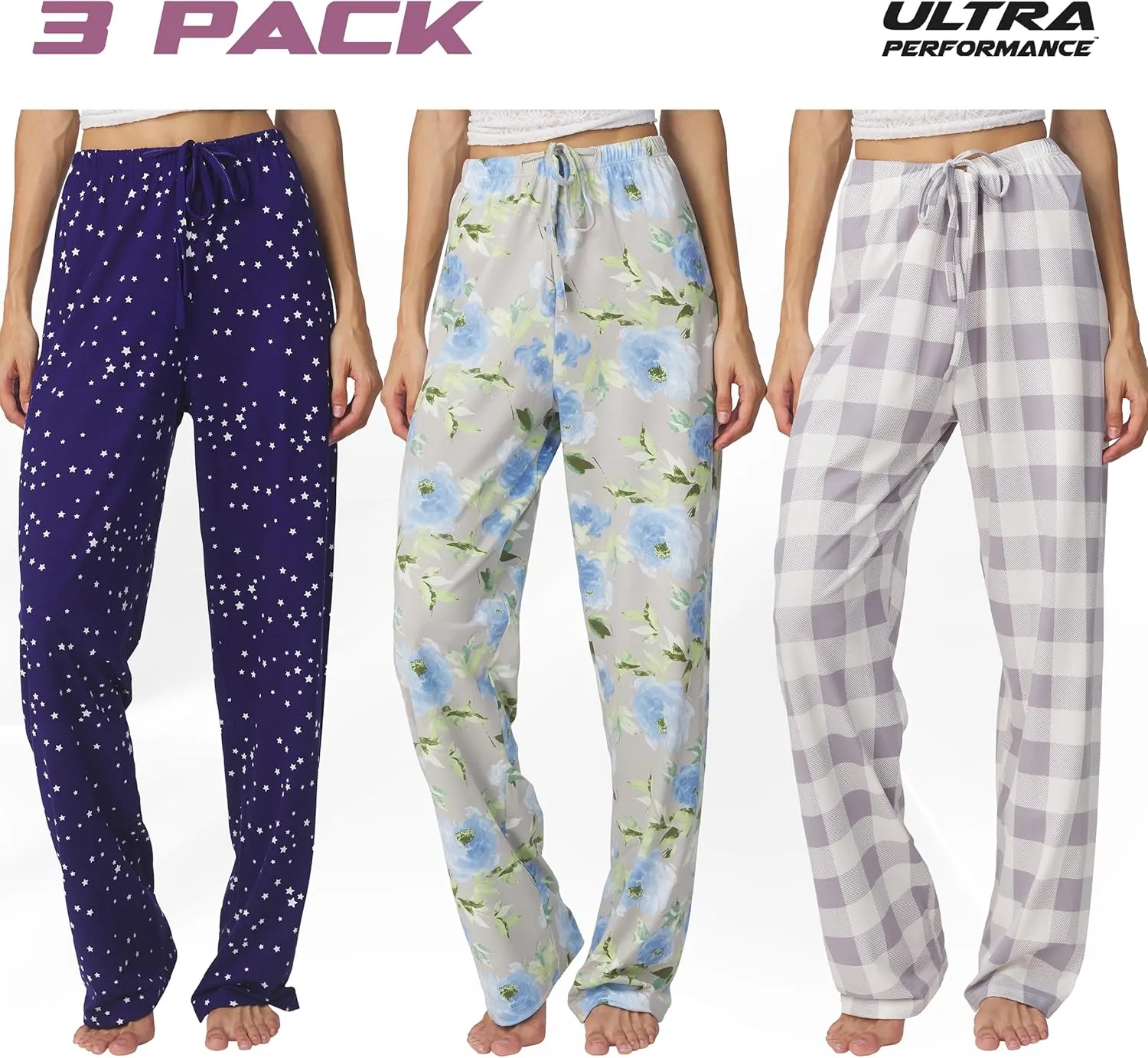 Ultra Performance Womens Pajama PJ Pants 3 Pack Lounge Bottoms Pajamas for Women (Avail in Plus Sizes)