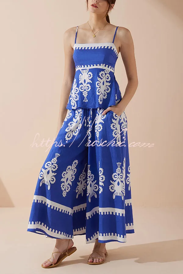 Unique Ethnic Print Suspender Pleated Top and Elastic Waist Loose Wide-leg Pants Set
