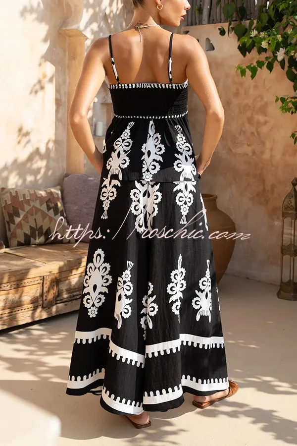 Unique Ethnic Print Suspender Pleated Top and Elastic Waist Loose Wide-leg Pants Set