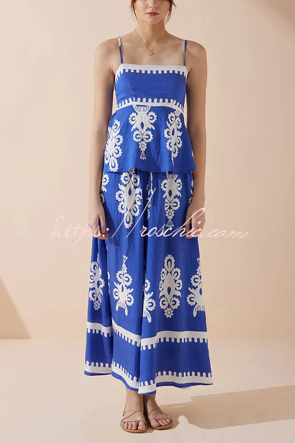 Unique Ethnic Print Suspender Pleated Top and Elastic Waist Loose Wide-leg Pants Set