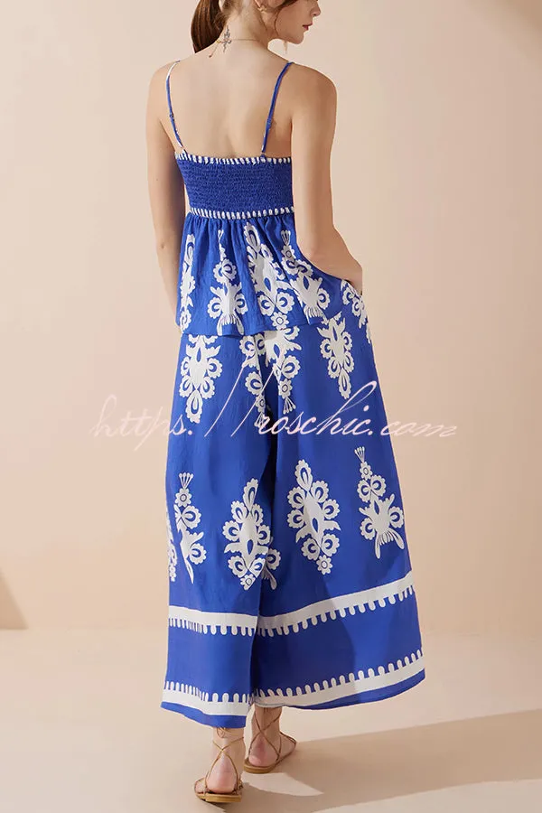 Unique Ethnic Print Suspender Pleated Top and Elastic Waist Loose Wide-leg Pants Set