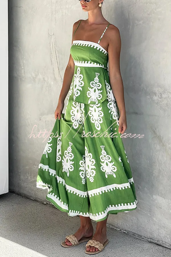 Unique Ethnic Print Suspender Pleated Top and Elastic Waist Loose Wide-leg Pants Set