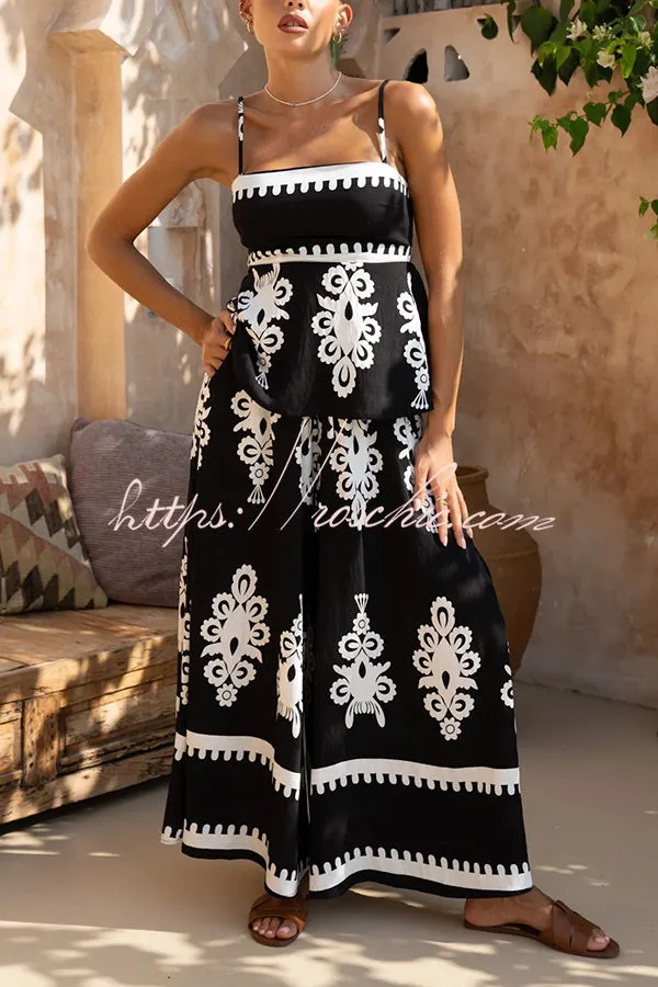 Unique Ethnic Print Suspender Pleated Top and Elastic Waist Loose Wide-leg Pants Set