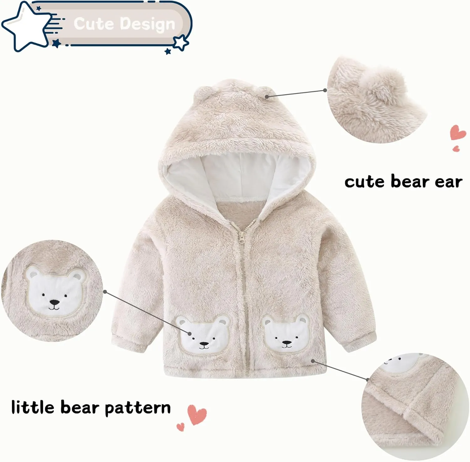 Unisex Cute Polar Fleece Lined Sherpa Full-Zip Jacket Coat Winter Warm Hoodie for 0-4t