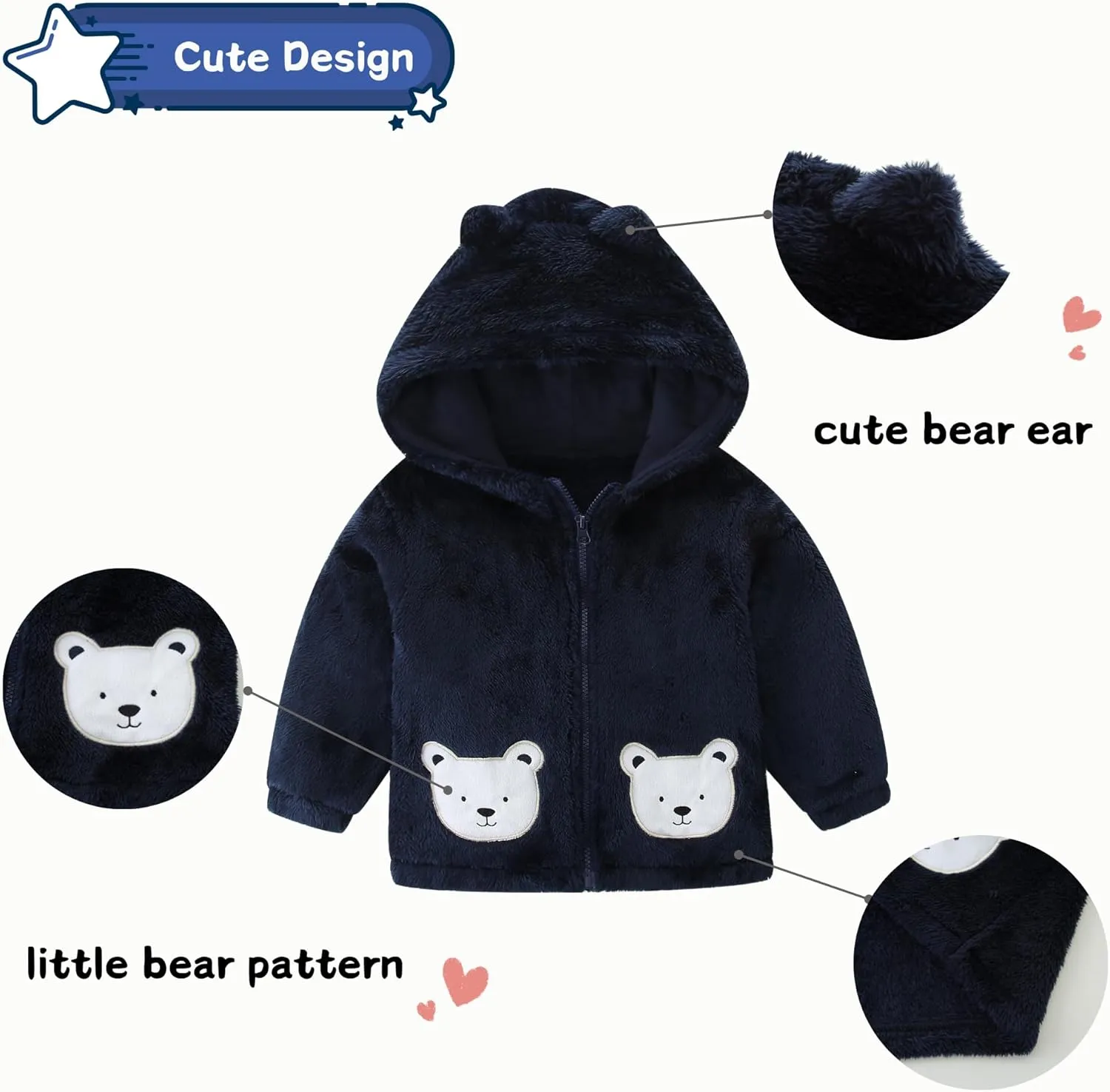 Unisex Cute Polar Fleece Lined Sherpa Full-Zip Jacket Coat Winter Warm Hoodie for 0-4t