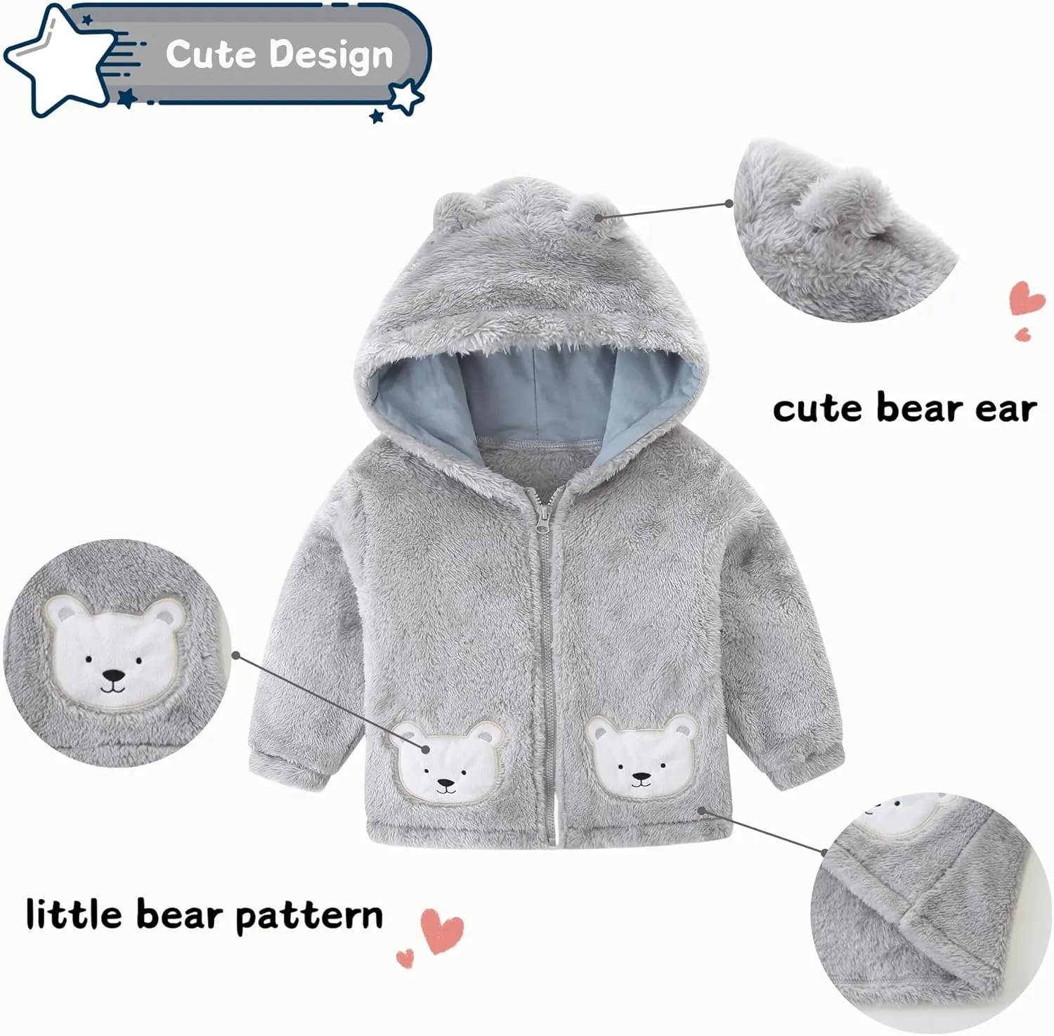 Unisex Cute Polar Fleece Lined Sherpa Full-Zip Jacket Coat Winter Warm Hoodie for 0-4t
