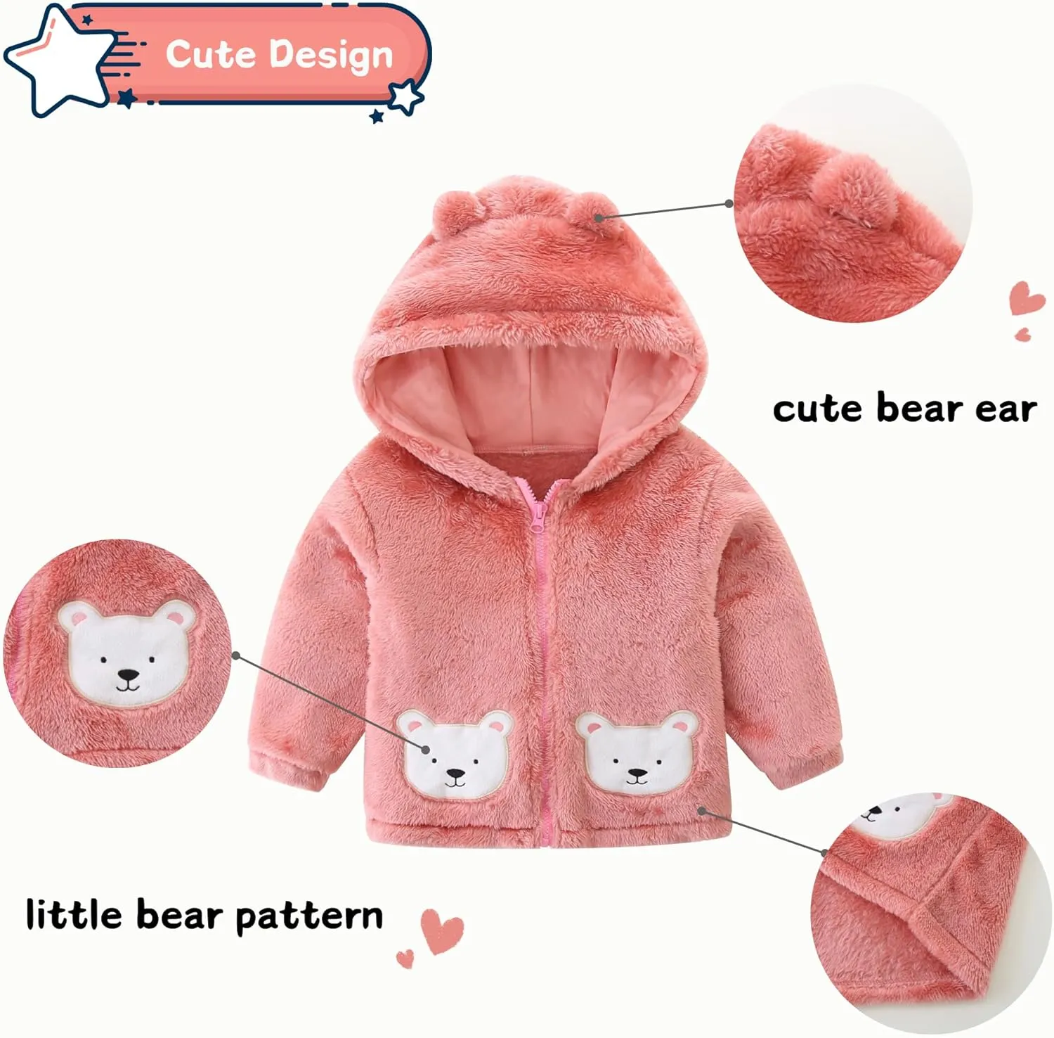 Unisex Cute Polar Fleece Lined Sherpa Full-Zip Jacket Coat Winter Warm Hoodie for 0-4t