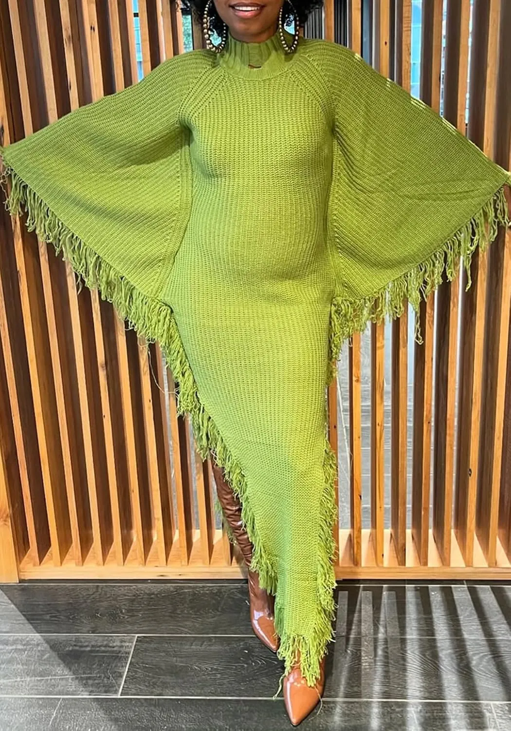 Unybwonn Women's Fringe Sweater Dress Batwing Long Sleeve Mock Neck Knit Maxi Dress Side Slit High Low Trendy Dress