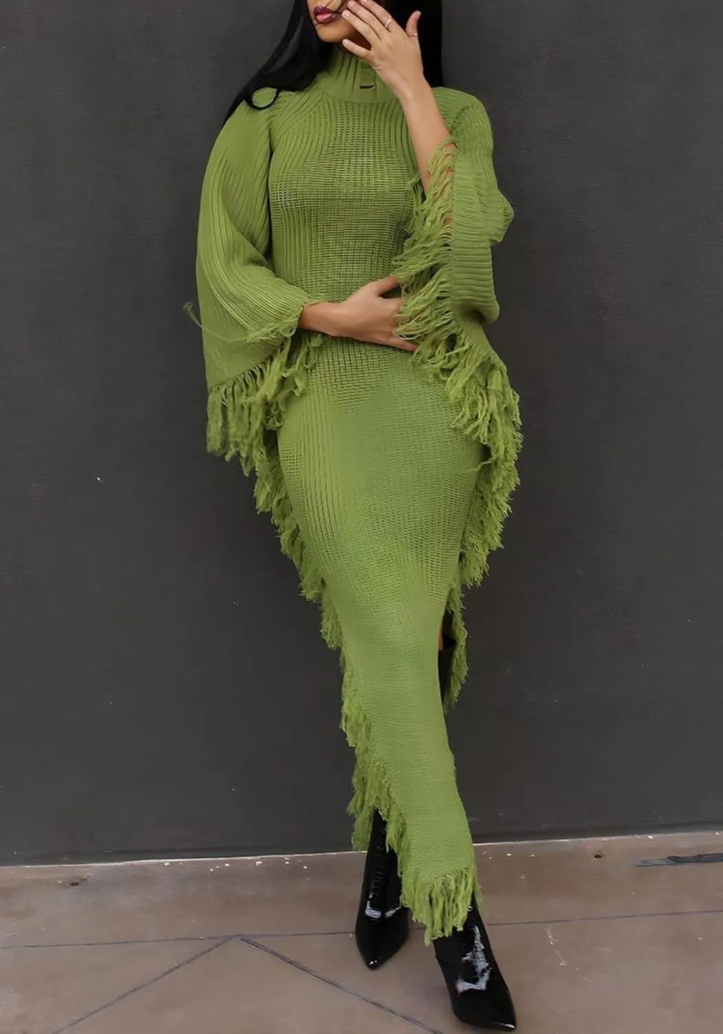 Unybwonn Women's Fringe Sweater Dress Batwing Long Sleeve Mock Neck Knit Maxi Dress Side Slit High Low Trendy Dress