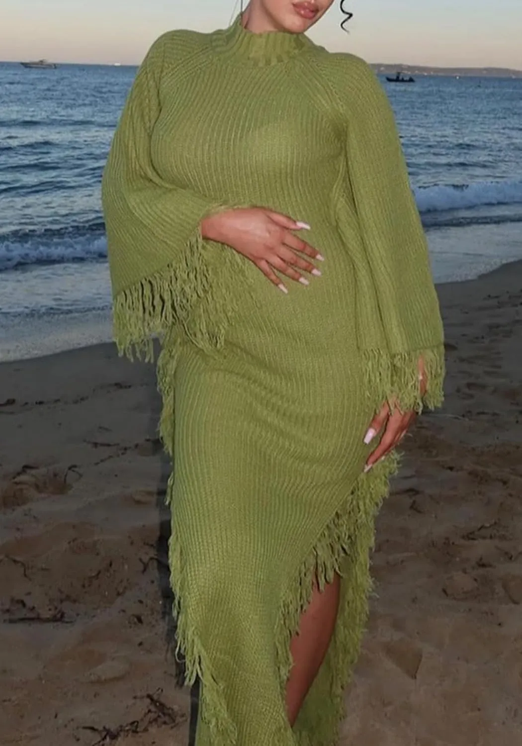 Unybwonn Women's Fringe Sweater Dress Batwing Long Sleeve Mock Neck Knit Maxi Dress Side Slit High Low Trendy Dress