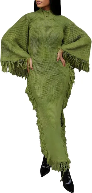 Unybwonn Women's Fringe Sweater Dress Batwing Long Sleeve Mock Neck Knit Maxi Dress Side Slit High Low Trendy Dress