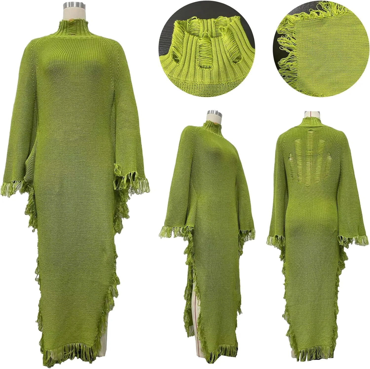 Unybwonn Women's Fringe Sweater Dress Batwing Long Sleeve Mock Neck Knit Maxi Dress Side Slit High Low Trendy Dress