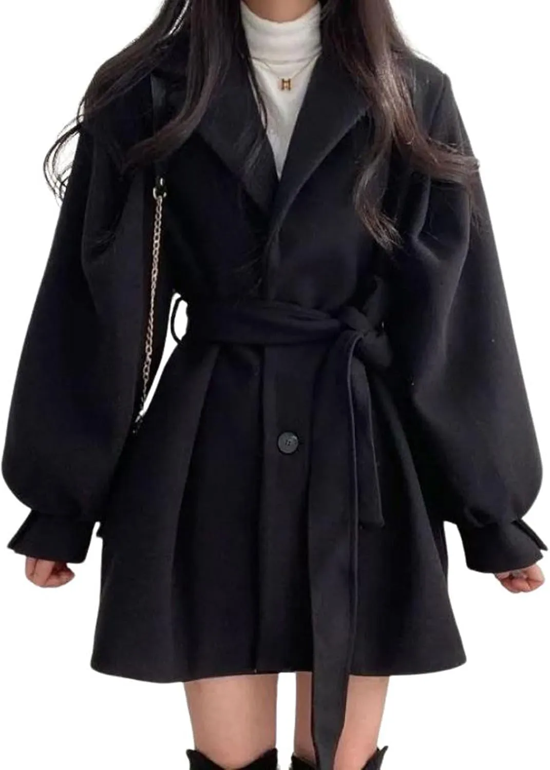utcoco Womens Trench Coat Notch Lantern Sleeve Belted Wool Coat 2024 Fall Winter Outerwear