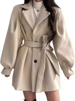 utcoco Womens Trench Coat Notch Lantern Sleeve Belted Wool Coat 2024 Fall Winter Outerwear