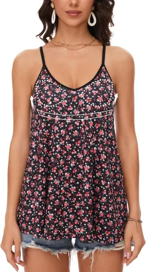 V Neck Strappy Tank Top with Removable Built in Bra Cup Summer Flowy Pleated Sleveless Shirt Adjsutbale Strap Blouse S-3XL