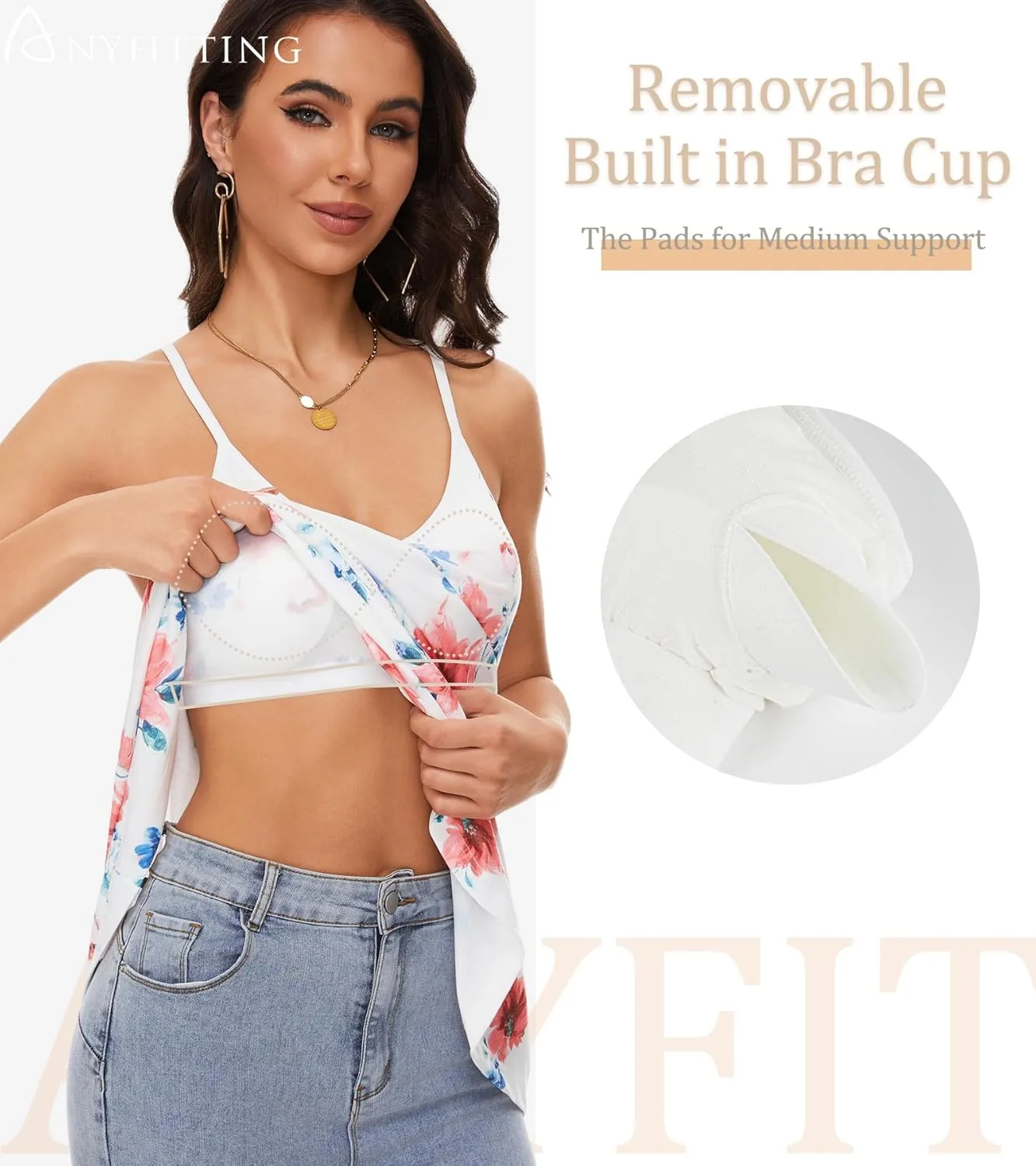 V Neck Strappy Tank Top with Removable Built in Bra Cup Summer Flowy Pleated Sleveless Shirt Adjsutbale Strap Blouse S-3XL