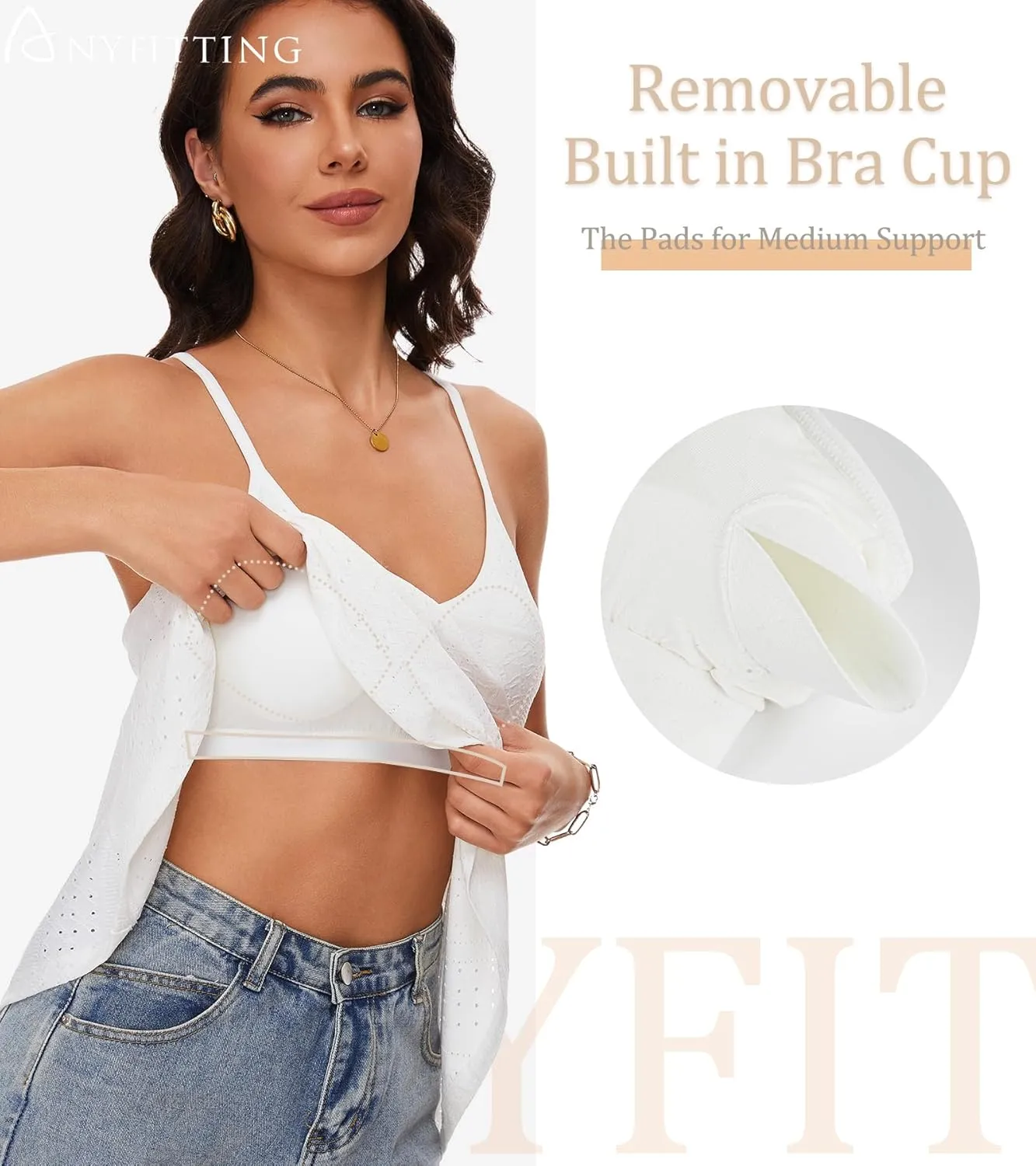 V Neck Strappy Tank Top with Removable Built in Bra Cup Summer Flowy Pleated Sleveless Shirt Adjsutbale Strap Blouse S-3XL