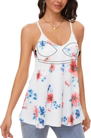 V Neck Strappy Tank Top with Removable Built in Bra Cup Summer Flowy Pleated Sleveless Shirt Adjsutbale Strap Blouse S-3XL