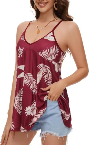 V Neck Strappy Tank Top with Removable Built in Bra Cup Summer Flowy Pleated Sleveless Shirt Adjsutbale Strap Blouse S-3XL