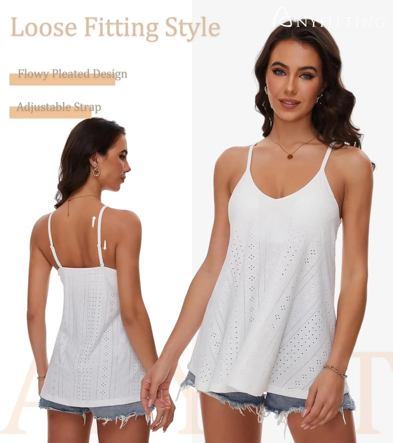 V Neck Strappy Tank Top with Removable Built in Bra Cup Summer Flowy Pleated Sleveless Shirt Adjsutbale Strap Blouse S-3XL