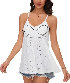 V Neck Strappy Tank Top with Removable Built in Bra Cup Summer Flowy Pleated Sleveless Shirt Adjsutbale Strap Blouse S-3XL